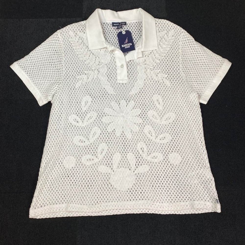 Nautica Jeans Womens XL White Crochet Embroidered Polo Shirt Highgrove Garden